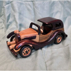 Vintage Wood Carved Model T Car, Antique Automobile, 8in Long, Wooden, Glossy